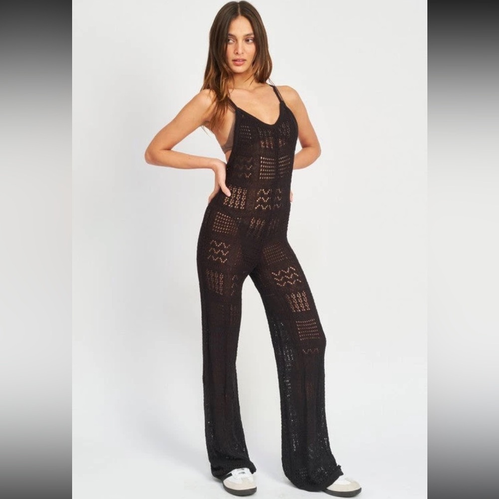 emory park Black Crochet Jumpsuit Swim Cover-Up